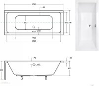 Eckbadewanne Acryl Badewanne weiß QUADRO ohne Schürze 175 x 80 cm