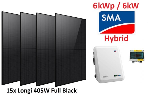Solaranlage 6kWp SMA Hybrid Wechselrichter Photovoltaik Solarmodule 15x 405W Full Black