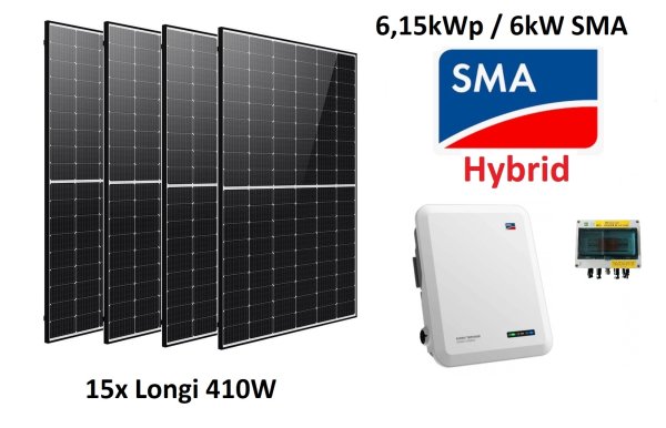 0% DE Solaranlage 6,15kWp SMA Hybrid Wechselrichter Photovoltaik Solarmodule 15x 410W Black
