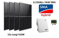 Solaranlage 6,15kWp SMA Hybrid Wechselrichter Photovoltaik Solarmodule 15x 410W Black 0% MwSt.