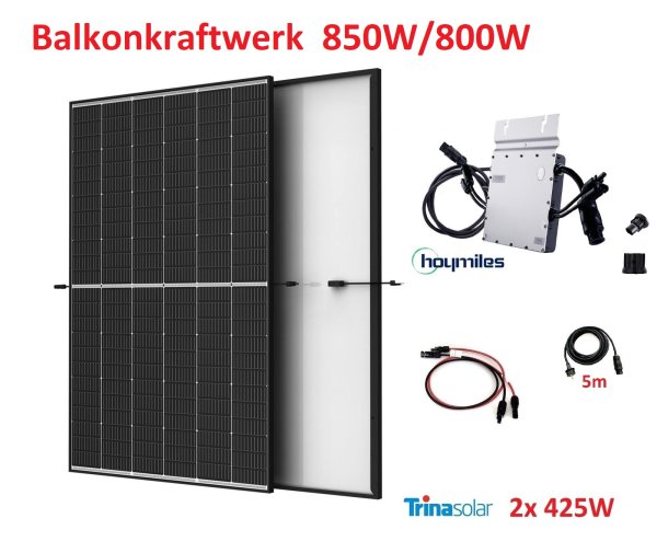 0% MwSt. 850 W /800 W Balkonkraftwerk Photovoltaik Steckerfertig Hoymiles 800W Trina Solar 425W Rahmen Schwarz