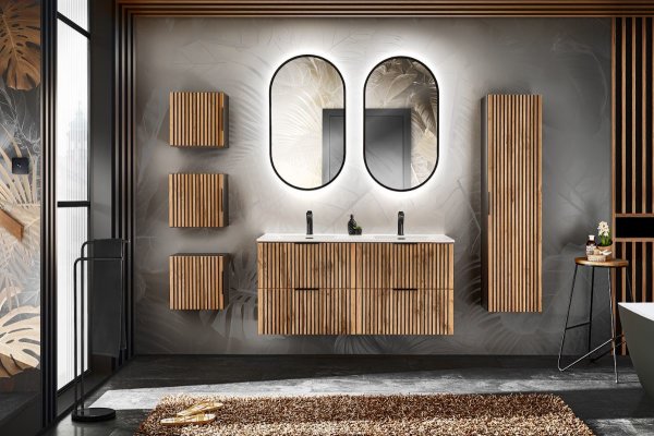 MONTIERT Design Badmöbel Set XILO 120 cm mit Doppelwaschbecken LED Soft-Close verschiedene Kombinationen