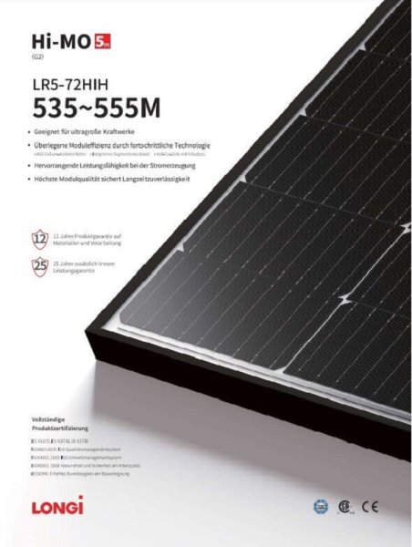 Solarmodul 545 W LONGI Solar LR5-72HIH-545M PV Modul Photovoltaik