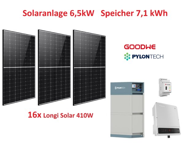 Solaranlage 6,5 KW mit Speicher 7,1kWh Pylontech Komplettpaket Wechselrichter Goodwe 6,5 ET / 0% MwSt. / Normaler Steuersatz