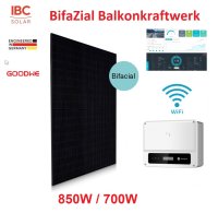 BiFazial Balkonkraftwerk 850W/700W mit Goodwe Wechselrichter WiFi Glas-Glas / 0% MwSt. / Normaler Steuersatz