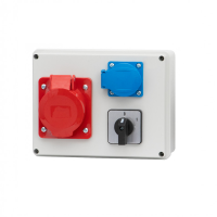 Stromverteiler Verteilerkasten R-190 – Steckdose 16A/32A 5-polig + Hauptschalter links/rechts 0/1 (16A / 25A) IP44 ABS