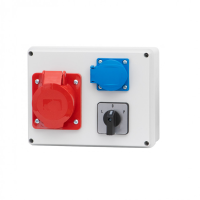Stromverteiler Verteilerkasten R-190 – Steckdose 16A/32A 5-polig + Hauptschalter links/rechts 0/1 (16A / 25A) IP44 ABS