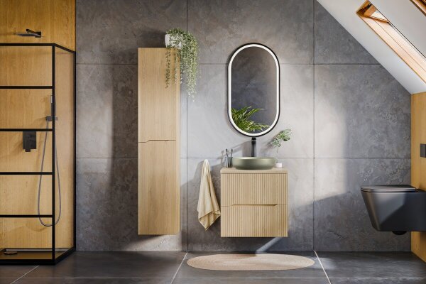 MONTIERT DESIGN Badmöbel Set NORDIC EICHE CREMONA 60 mit Waschbecken LED Softose